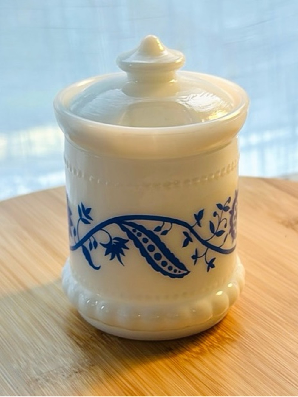Blue Sweet Pea Hazel Atlas Milk Glass Lidded Serving Jar